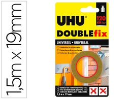 [36497] CINTA ADHESIVA UHU DOUBLEFIX MARRON DOBLE CARA EXTRA FUERTE 1,5 MT X 19 MM