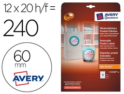 [L7104REV-20] ETIQUETA ADHESIVA AVERY BLANCA REDONDA REMOVIBLE PARA LASER INK-JET FOTOCOPIADORA 60 MM CAJA DE 240 UNIDADES
