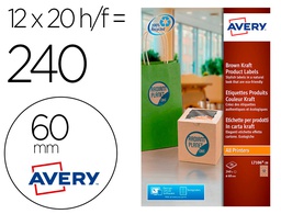 [L7106-20] ETIQUETA ADHESIVA AVERY KRAFT EFECTO CARTON REDONDA 60 MM REMOVIBLE PARA LASER INK-JET CAJA DE 300 UNIDADES